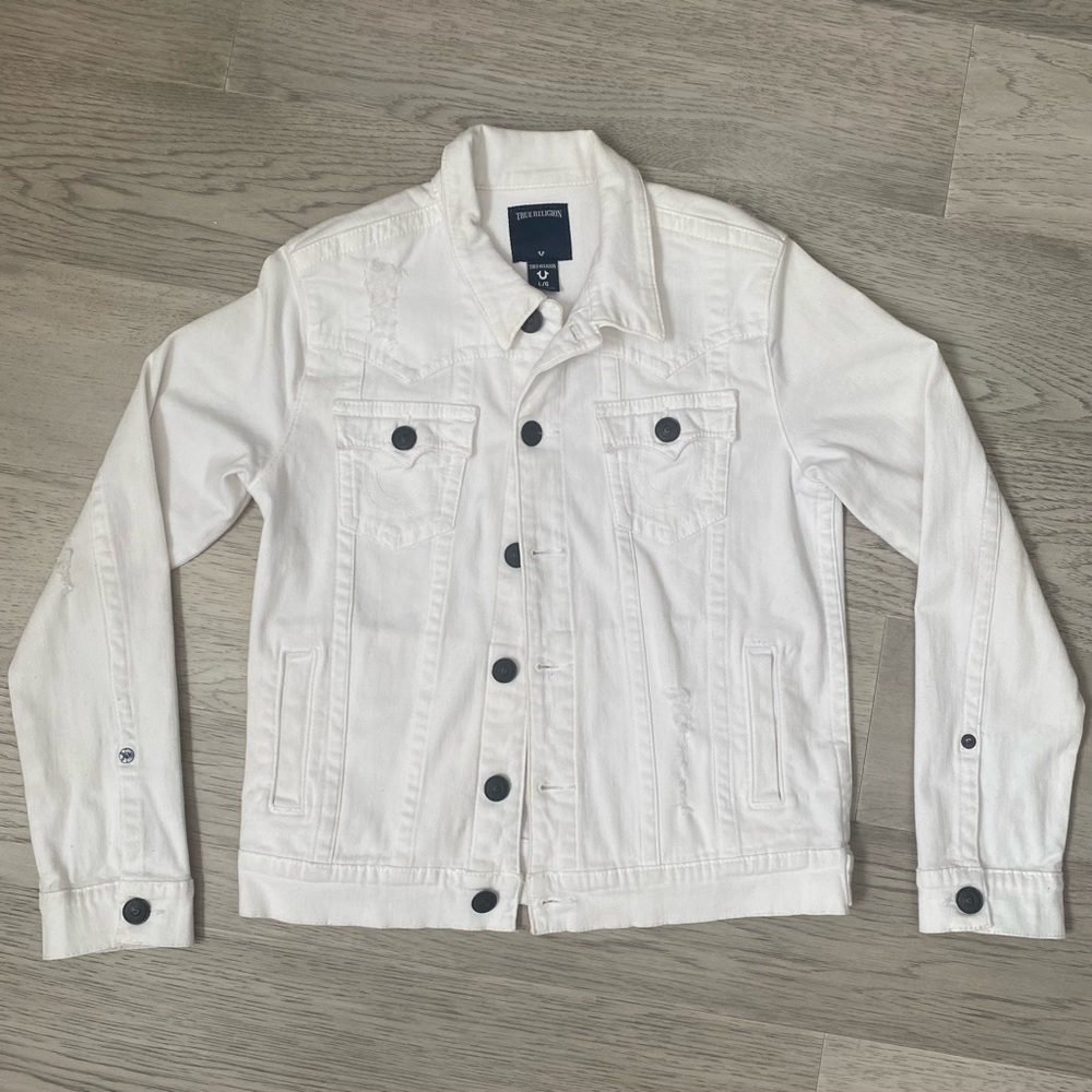 Women’s Large True Religion White Distressed Denim Jacket